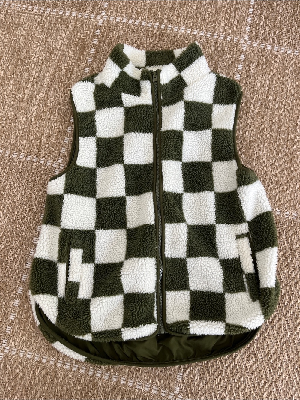 Women’s fleece green and white checkered vest- Double Zero